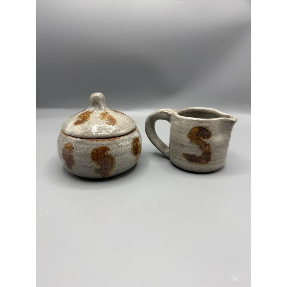 Vtg Studio Pottery Sugar Creamer Set Rustic Stoneware Boho‎ Farmhouse Kitchen